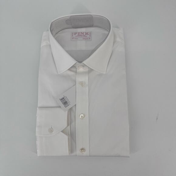 Thomas Pink White Athletic Fit Stretch Plain Poplin Dress Shirt Sz 17/43R - Picture 3 of 9